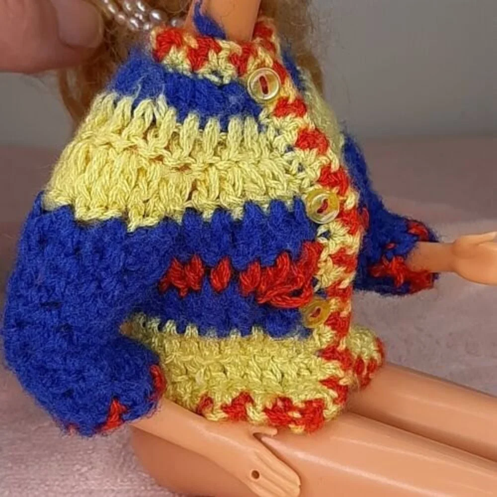 vtg Mommy-Made Handmade Barbie Fashion Doll Knit Sweater Cardigan Jacket Primary
